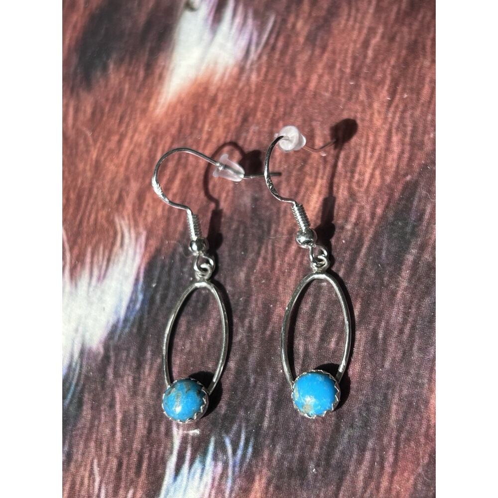 Sterling Silver & Kingman Turquoise Dangle Drop Oval Earrings Hand Crafted New - Picture 6 of 7